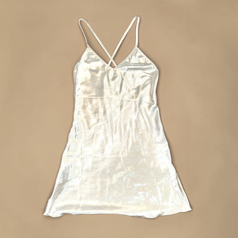 New Beige Satin Slip Dress XS Mini V-Neck Cross Back Spaghetti Strap Cami